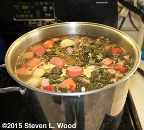 Full pot of finished kale soup