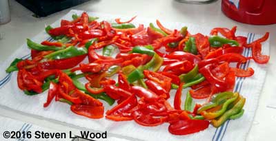 Blanched pepper strips drying