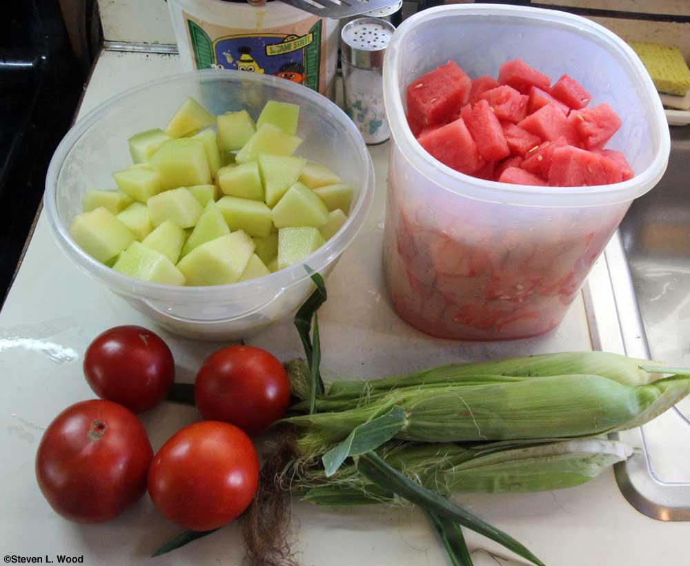 Honeydew, watermelon, tomatoes, and sweet corn