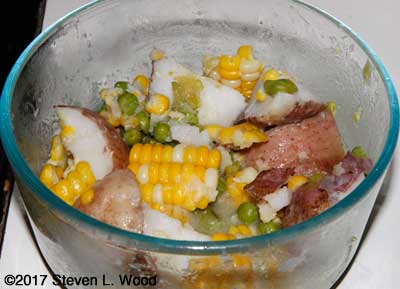 Leftover new potatoes, peas, and sweet corn