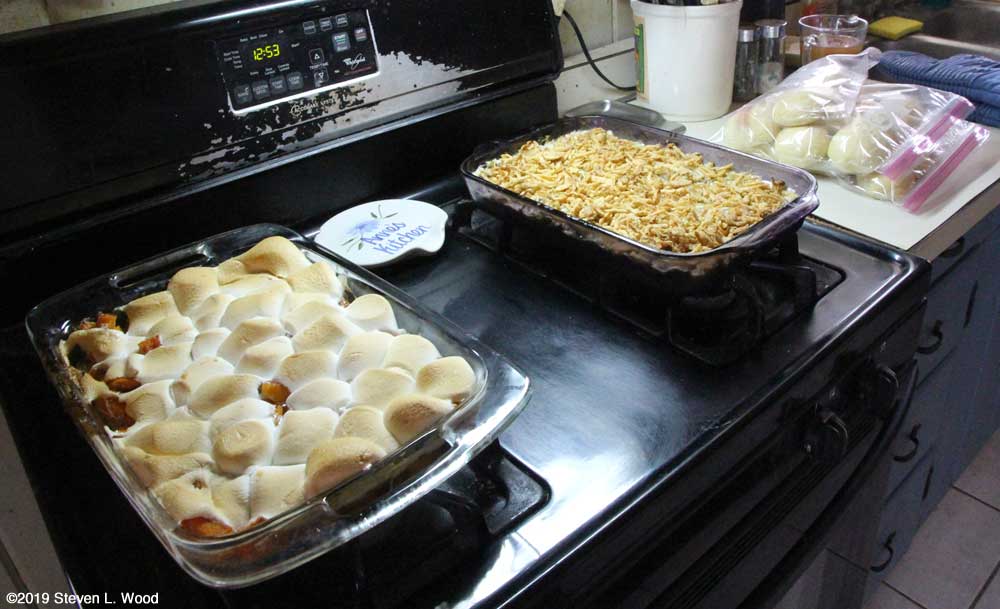 Butternut yams, green bean casserole, and yeast rolls