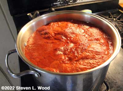 8-quart kettle filled with tomato juice and pulp