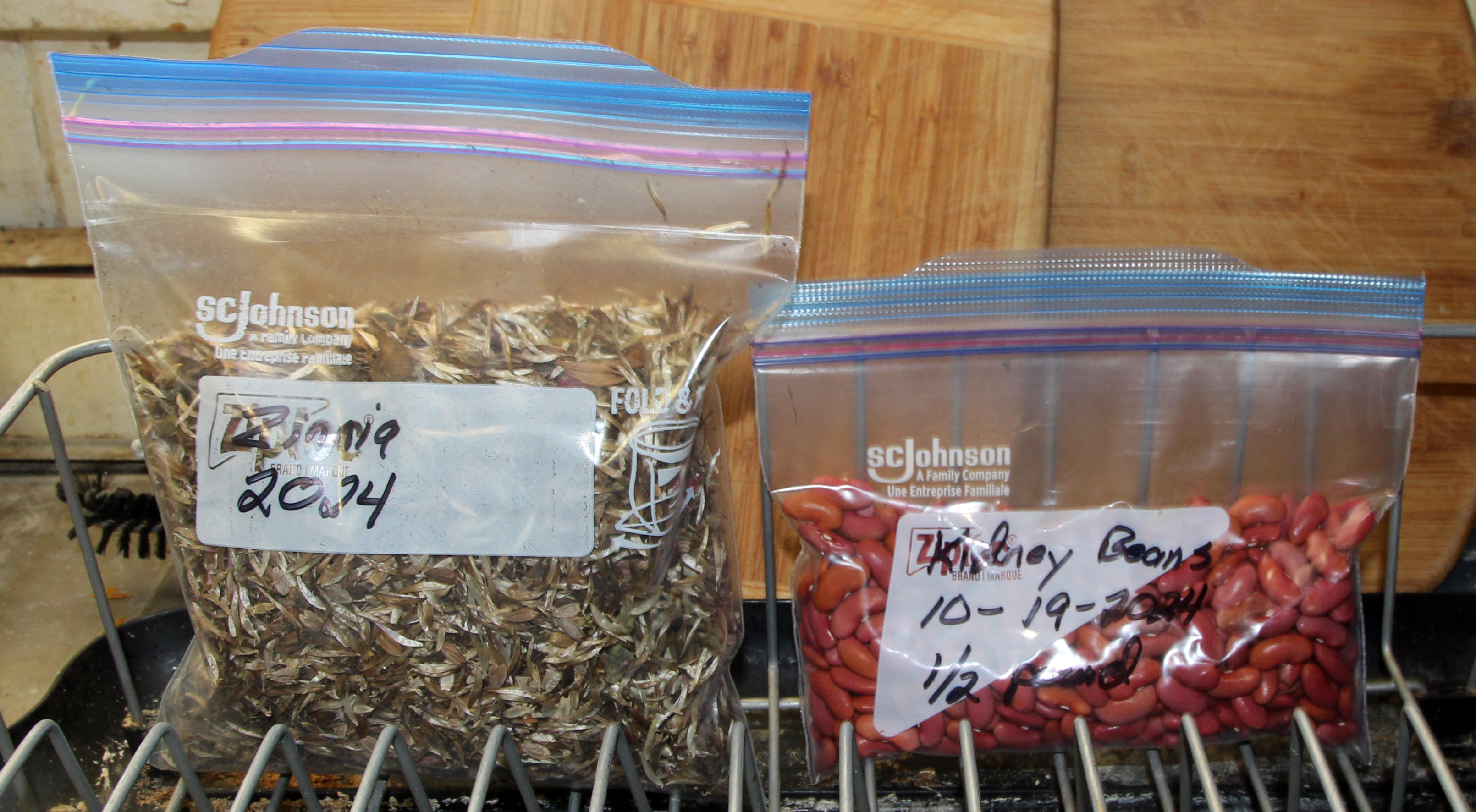 Zinnia and kidney bean seed bagged for freezing