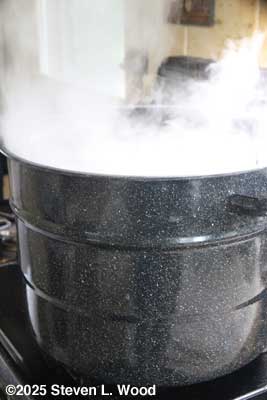 Tomato jars steaming in water bath canner